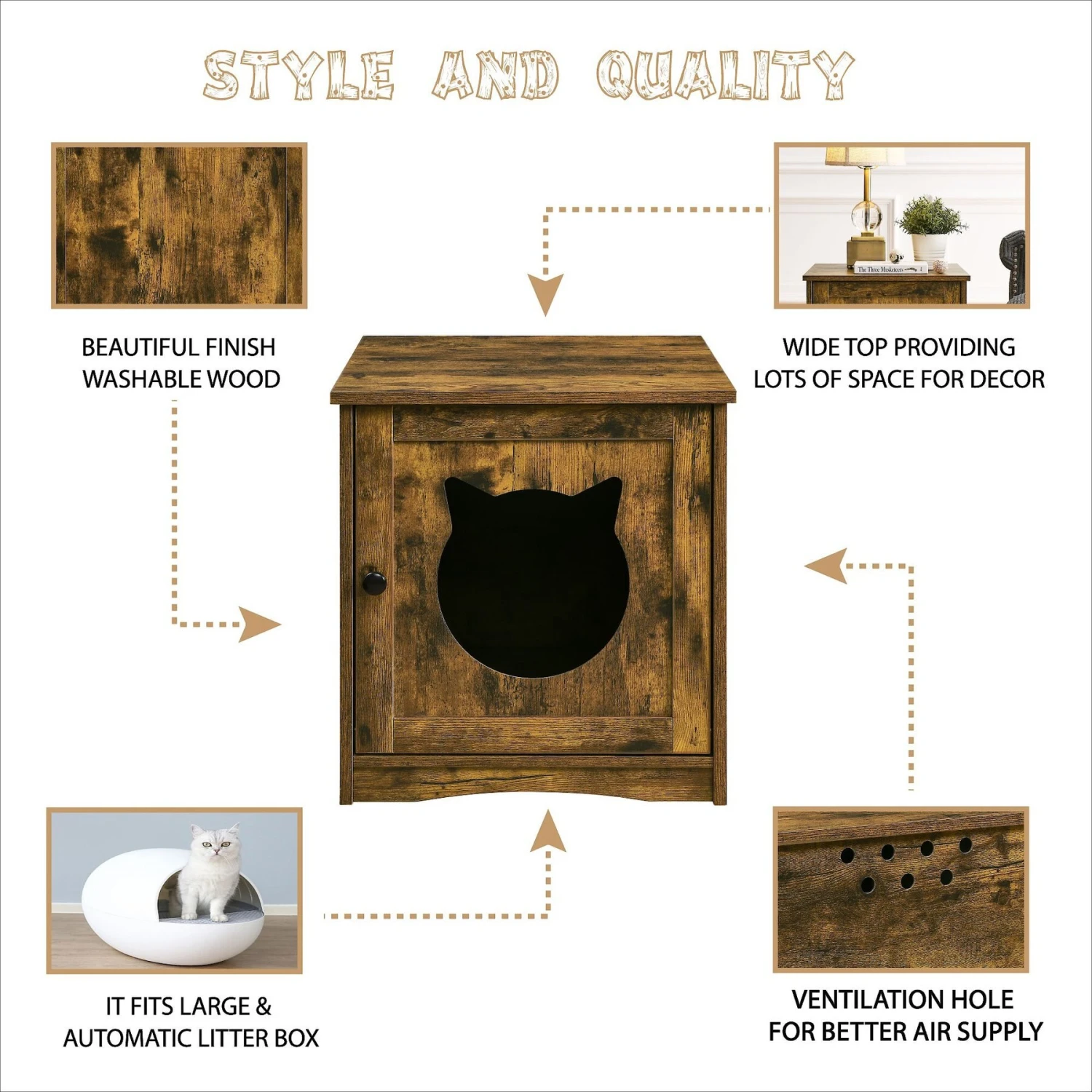 Sweet Barks Enclosed House Side Table Cat Litter Box, Rustic Brown 3 Sweet Barks Enclosed House Side Table Cat Litter Box, Rustic Brown - Image 3