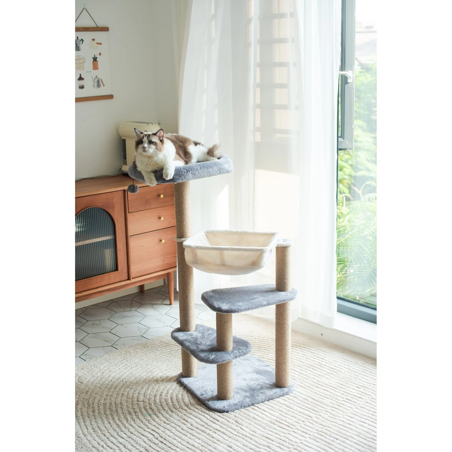 Catry 42.1-in Oak 7-Level Cat Tree With Jute Scratching Posts & Cozy Hammock 1 Catry 42.1-in Oak 7-Level Cat Tree With Jute Scratching Posts & Cozy Hammock