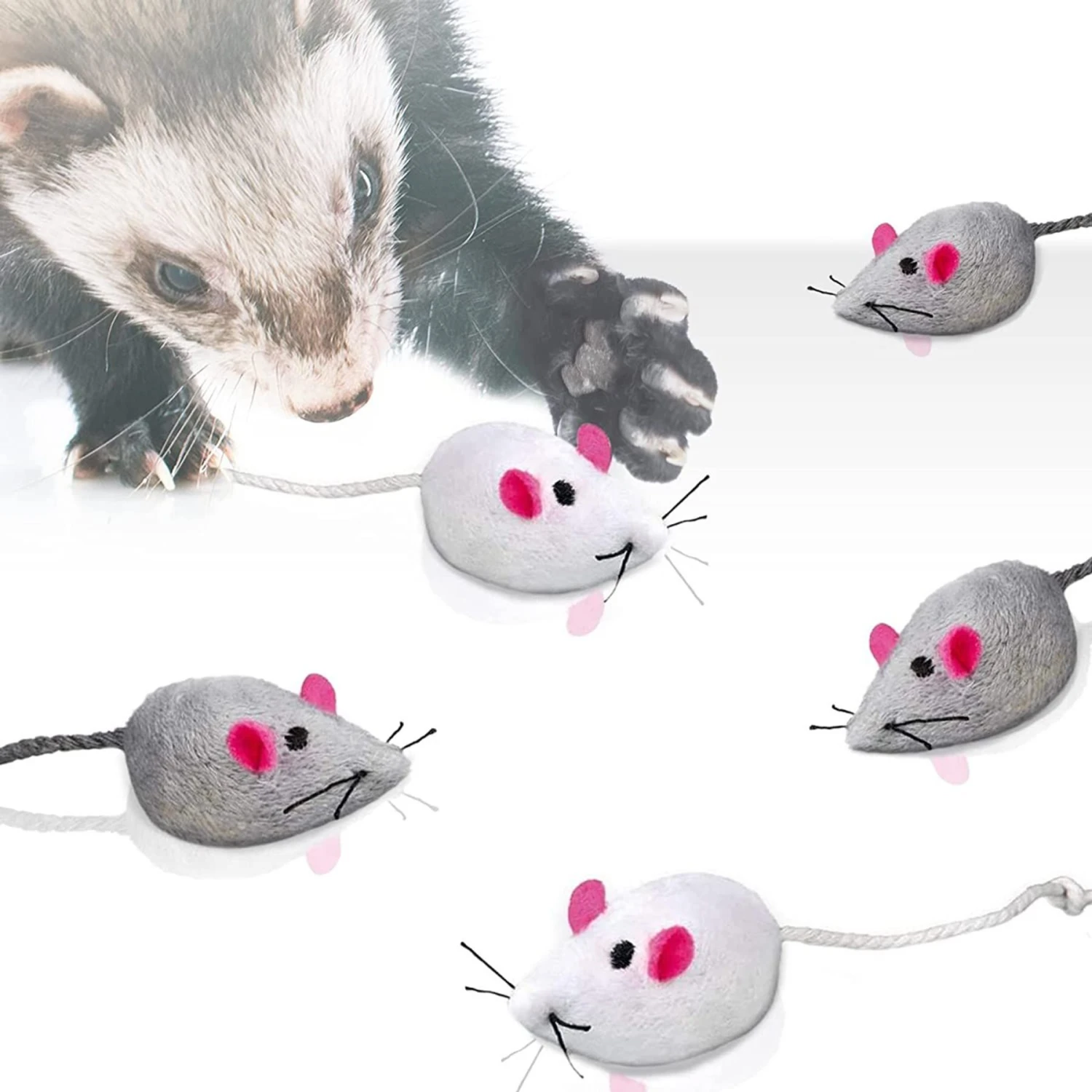 SunGrow Teething Chews Cat & Ferret Chase & Kicker Mouse Plush Toy, 5 Count 3 SunGrow Teething Chews Cat & Ferret Chase & Kicker Mouse Plush Toy, 5 Count - Image 3