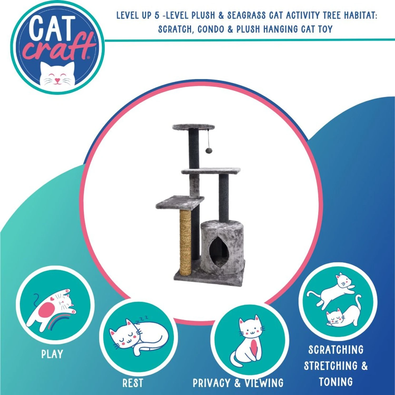 Cat Craft Level Up 5 Tier Plush & Seagrass Activity Cat Tree Habitat, Gray, Large 2 Cat Craft Level Up 5 Tier Plush & Seagrass Activity Cat Tree Habitat, Gray, Large - Image 2