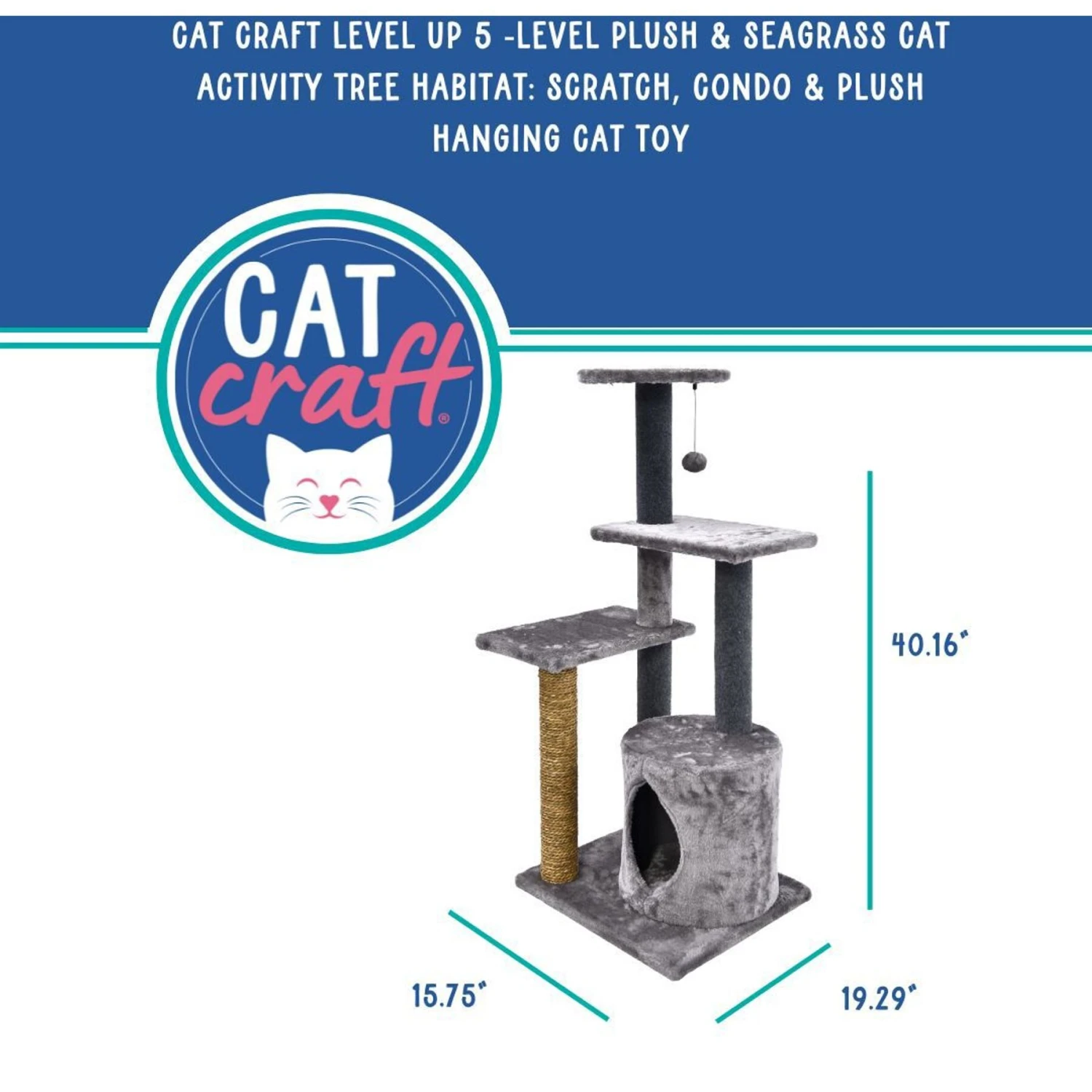 Cat Craft Level Up 5 Tier Plush & Seagrass Activity Cat Tree Habitat, Gray, Large 3 Cat Craft Level Up 5 Tier Plush & Seagrass Activity Cat Tree Habitat, Gray, Large - Image 3