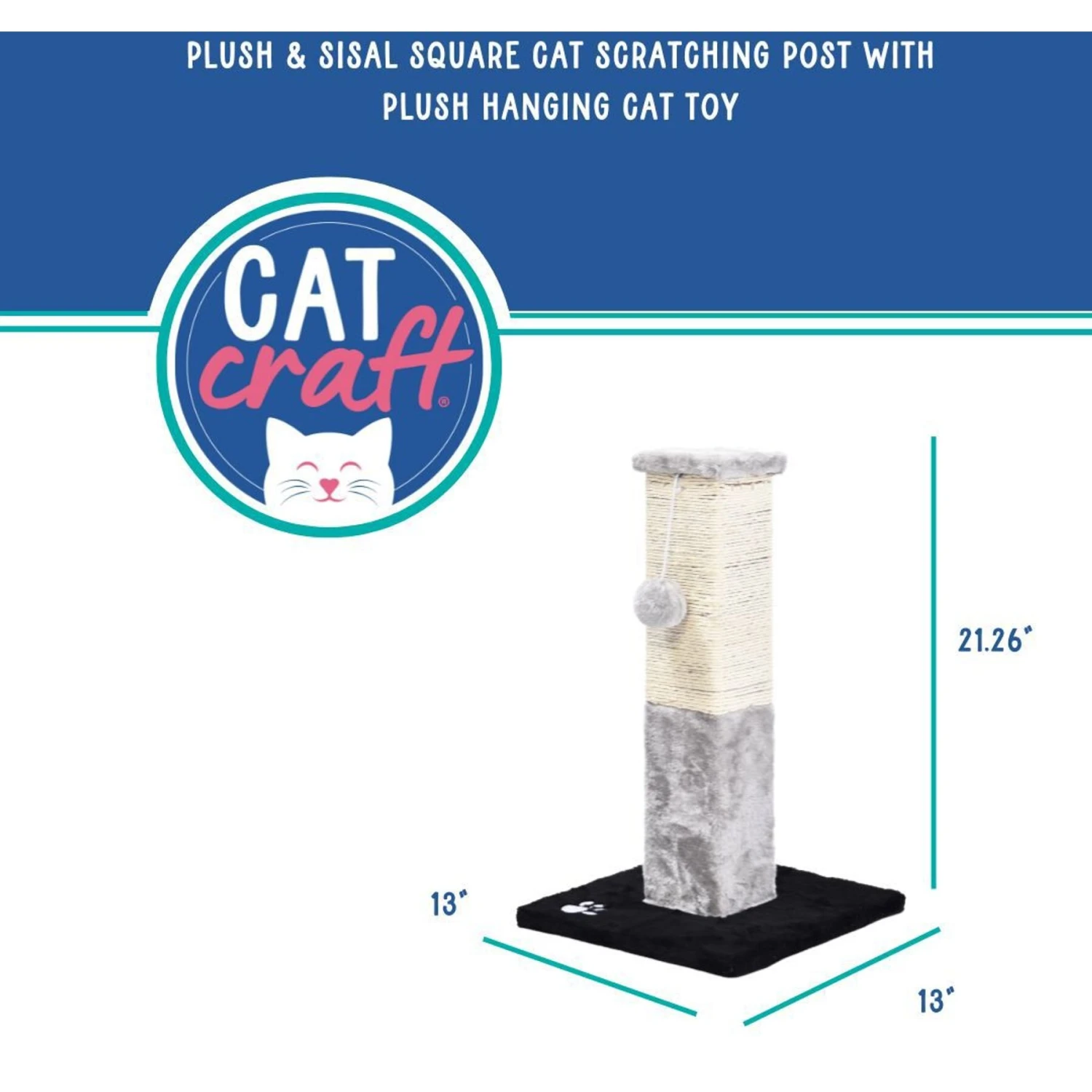 Cat Craft Plush & Sisal Square Cat Scratching Post With Plush Hanging Cat Toy, Gray/Natural, Small 3 Cat Craft Plush & Sisal Square Cat Scratching Post With Plush Hanging Cat Toy, Gray/Natural, Small - Image 3