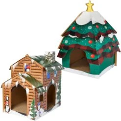 Pet Cat Supplies Store 20 Frisco Holiday Log Cabin Cardboard Cat House & Frisco Holiday Christmas Tree Cardboard Cat House