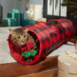 Frisco Holiday Buffalo Plaid Foldable Play Tunnel Cat Toy With Catnip & Frisco Holiday Festive Red Variety Pack Gift Box Cat Toy With Catnip, 14 Count -Pet Cat Supplies Store 986262 PT4. AC SS1800 V1698258115